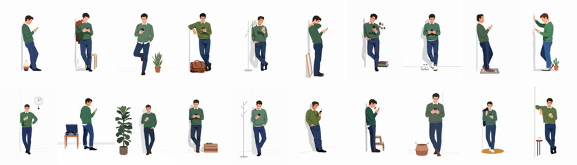 Obraz premium Vector illustration set featuring a young man in casual attire using his smartphone in multiple standing poses against a clean white background.