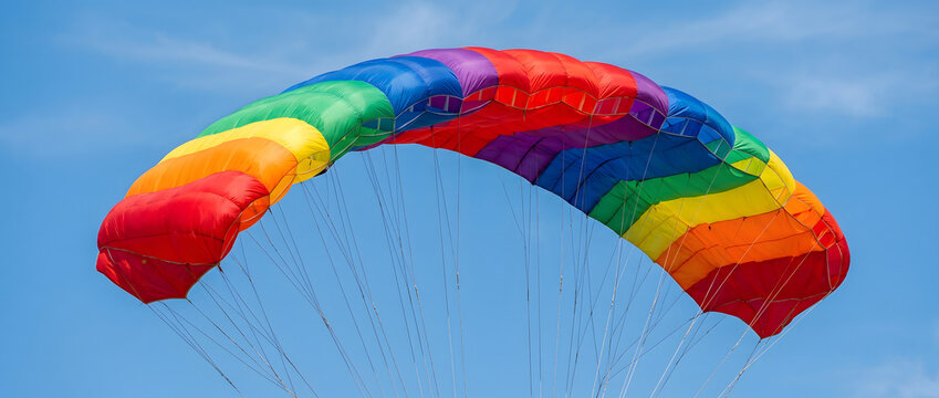 A rainbow-colored parachute fully inflated and flying against a clear blue sky