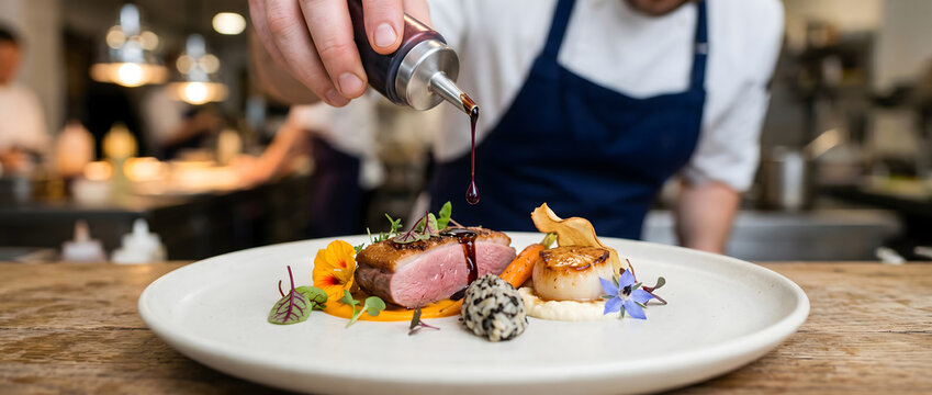 Chef drizzling sauce over an elegantly plated gourmet Western main course
