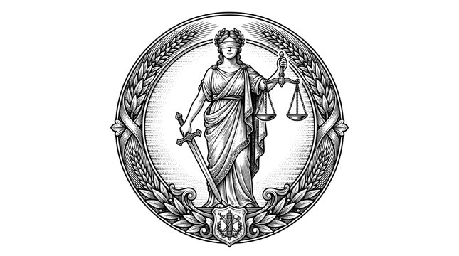 Classic Lady Justice Engraving Style Logo Circle Frame Vector