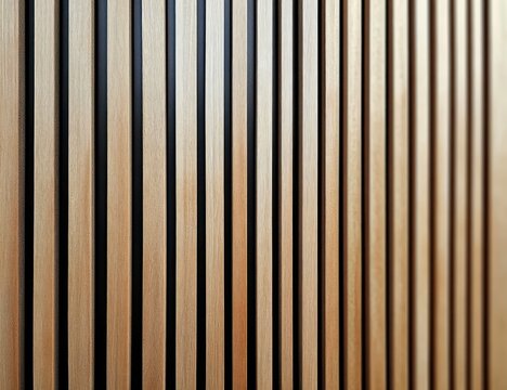 Warm vertical wooden slat wall with narrow dark grooves, rhythmic modern minimal texture evoking calm and order