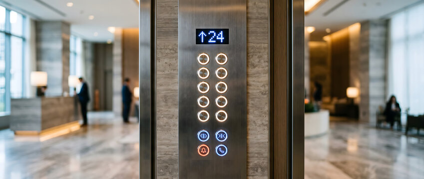 Modern hotel elevator control panel with illuminated buttons and digital floor display
