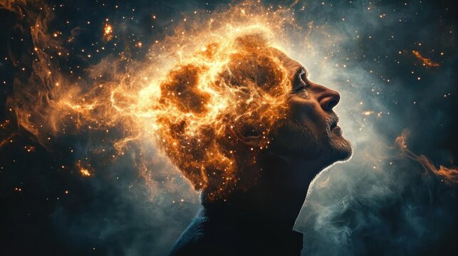 Contemplative older man in profile with a fiery cosmic nebula erupting from his head, glowing stars and smoke suggesting wonder and imagination