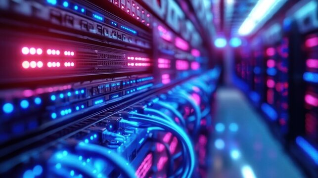 close-up of illuminated server racks and network cables in a vibrant data center with a futuristic, dynamic atmosphere