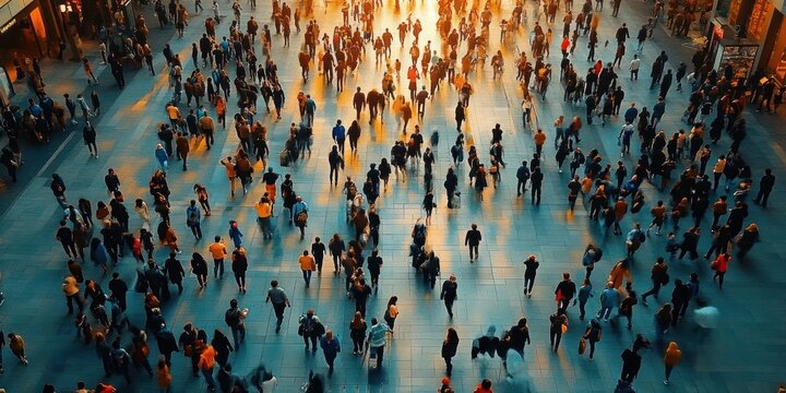 Overhead view of a bustling crowd crossing a sunlit indoor concourse with long golden shadows, hurried commuters and energetic urban motion