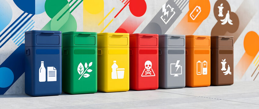 Seven colorful垃圾分类 bins arranged in a row with environmental recycling symbols and icons