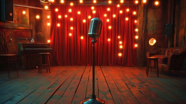 Vintage microphone on a wooden stage with red velvet curtain, warm hanging lights, piano and cozy seating evoking intimate nostalgic anticipation