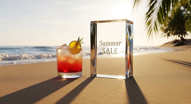 Moktail Musim Panas Segar di Pantai dengan Huruf "Summer SALE" Berkilau di Dekatnya