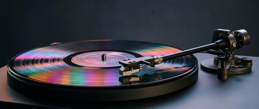 Vinyl record player spinning a colorful reflective LP with rainbow light effects