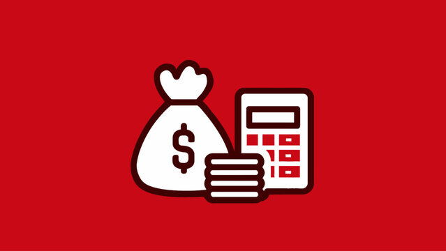 Financial planning icon with a money bag, stacked coins, and a calculator representing budgeting and financial management