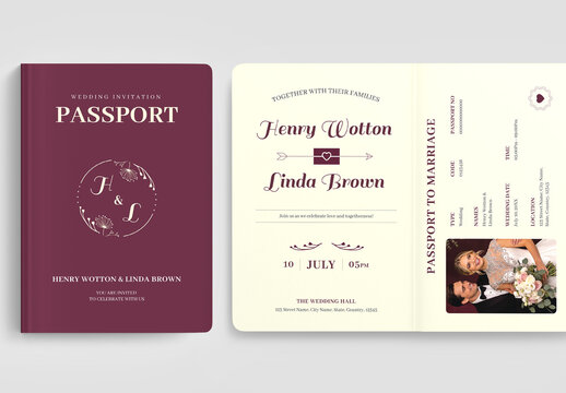 Luxury Maroon Travel Theme Wedding Invitation Passport Design