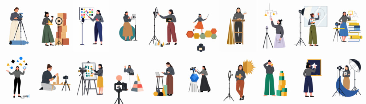 Collection of diverse female characters filming educational content, online courses, and creative tutorials with professional video production equipment in a flat vector style.