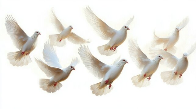 eight white doves soaring with outstretched wings in soft light, graceful and peaceful flight