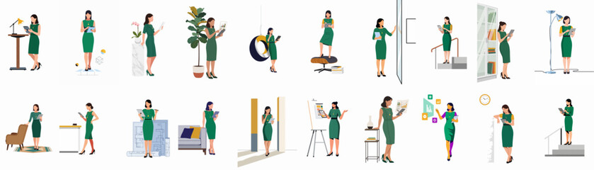 Set of illustrations depicting a professional woman in various office and home environments using a digital tablet for work and presentations. © Juan