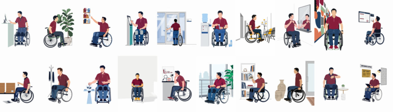 Set of flat vector illustrations featuring a man in a wheelchair in various everyday situations like office visits, medical clinics, and public spaces.
