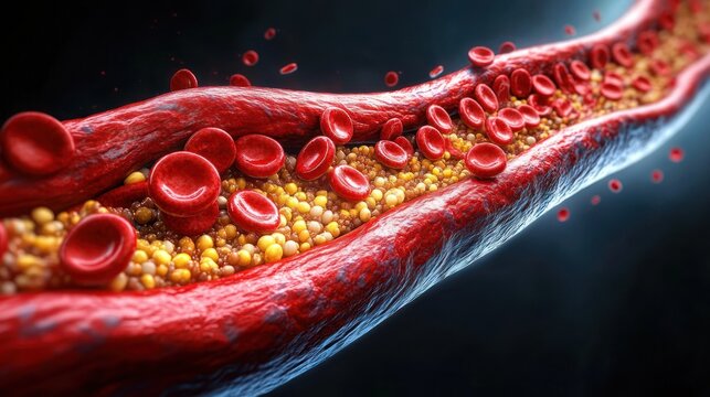close-up cross-section of a constricted artery showing flowing red blood cells and yellow cholesterol plaque, evoking alarm and urgency
