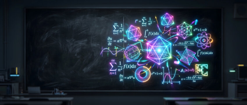Neon mathematical formulas and geometric shapes displayed on a blackboard in a classroom setting