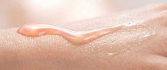 Fototapeta premium Transparent gel-like liquid spread on human skin surface in close-up detail