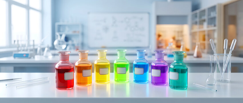 Colorful chemical reagent bottles neatly arranged on a laboratory tabletop with blurred background