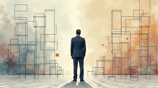 Ejecutivo situado entre formas abstractas ca&oacute;ticas y una cuadr&iacute;cula estructurada, que representa el equilibrio