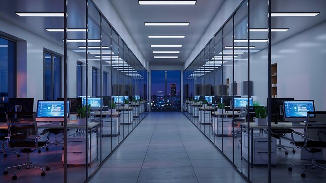 Modern office interior with computer workstations