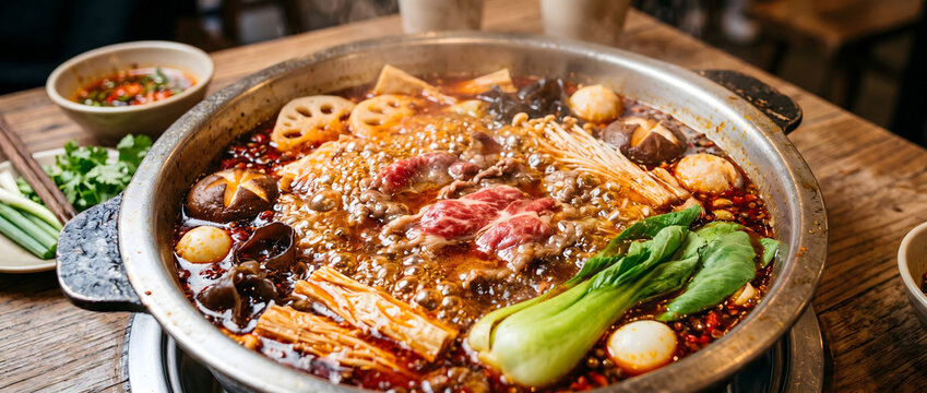 Steaming spicy hotpot with rich variety of ingredients simmering in flavorful broth