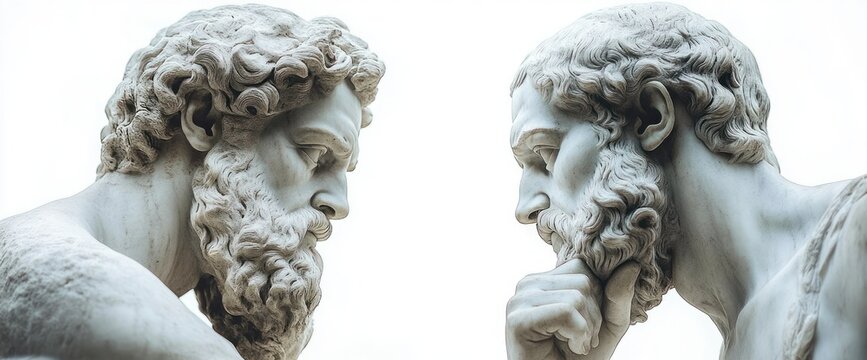 two marble bearded statues in profile facing each other, close-up of carved curly hair and one hand to chin, conveying quiet contemplation and thoughtful dialogue