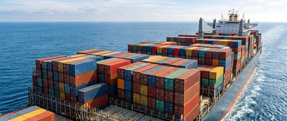 Fototapeta premium Cargo ship fully loaded with colorful shipping containers sailing on the open sea