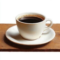 Fototapeta premium Simple cup of black coffee in a white cup and saucer on a wooden table, warm inviting calm morning mood