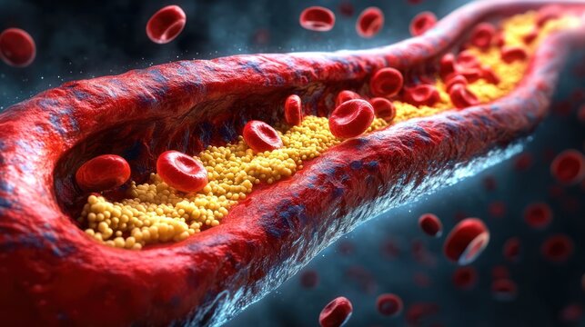 close-up illustration of a narrowed blood vessel with yellow plaque buildup and flowing red blood cells conveying tension and danger