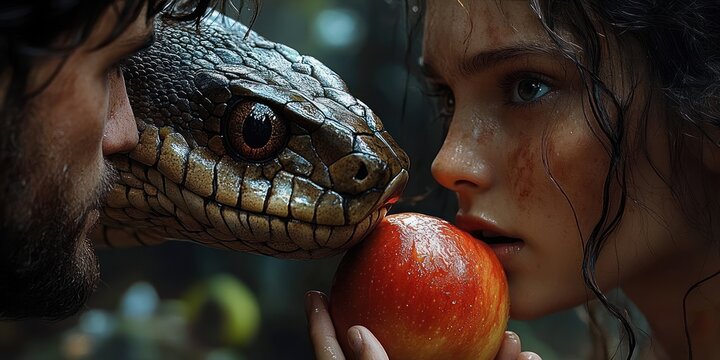 close-up of a large snake head touching a red apple held by a human hand, tense and suspenseful mood