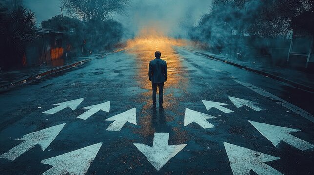 solitary person standing on a wet asphalt street covered with many white directional arrows, facing a glowing foggy horizon between trees and houses, evoking confusion and resolve