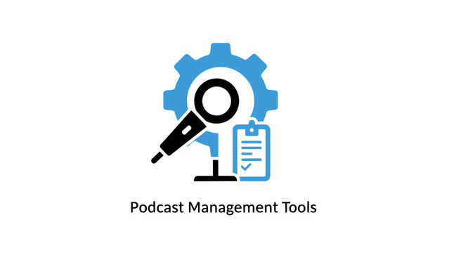 Podcast Management Tools Icon with Magnifying Glass and Gear.