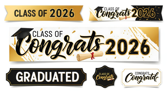 Class of 2026 Graduation Celebration Banners and Labels Set in Gold and Black