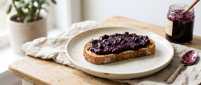 Whole grain bread slice topped with blueberry jam on a rustic wooden table with natural light