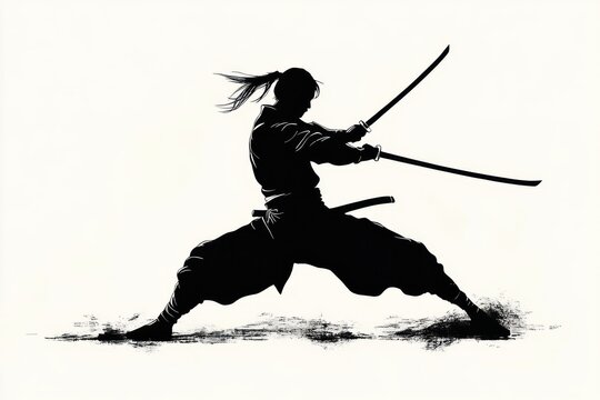 silhouette of a samurai swordsman in traditional clothing holding two katanas in a wide battle stance with ponytail and ink-brush splatters, intense focused energy