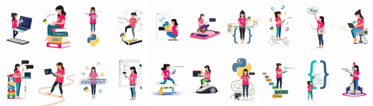 A collection of colorful flat vector illustrations of a young girl learning Python programming and exploring various STEM technology and coding concepts.