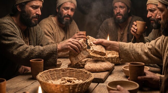Biblical scene of disciples breaking bread and sharing a meal at the Last Supper in a rustic candlelit interior