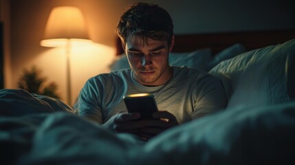 Fototapeta premium man in bed at night holding a smartphone with warm lamp glow on pillows and blankets, quiet solitary calm and focused mood