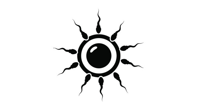Silhouette illustration of sperm cells surrounding a single egg cell for human fertilization and reproduction concept.
