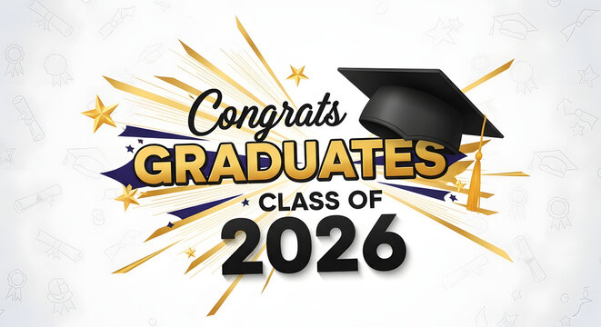 Congrats Graduates Class of 2026 Celebration Banner with Graduation Cap and Gold Stars