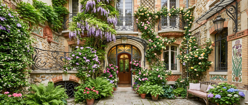 Stone courtyard with arched entrance adorned by lush wisteria, roses, and climbing plants in a romantic vintage setting