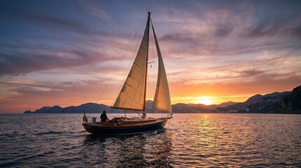 Fototapeta premium Small sailboat silhouetted sailing at sunset over sea