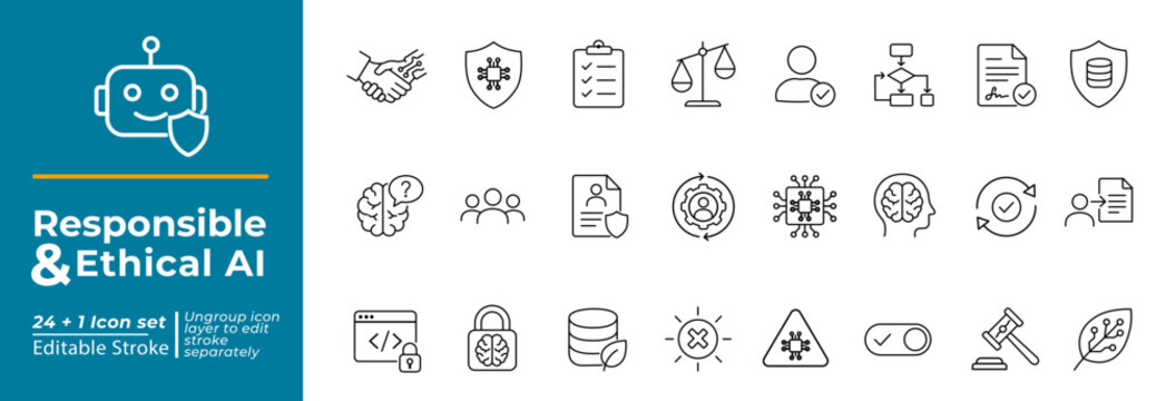 Responsible Ethical AI Icons Set. Artificial Intelligence, Machine Learning, Data Privacy, Algorithm, Bias, Governance, Compliance, Trust, Safety. Editable Stroke. Outline Vector.