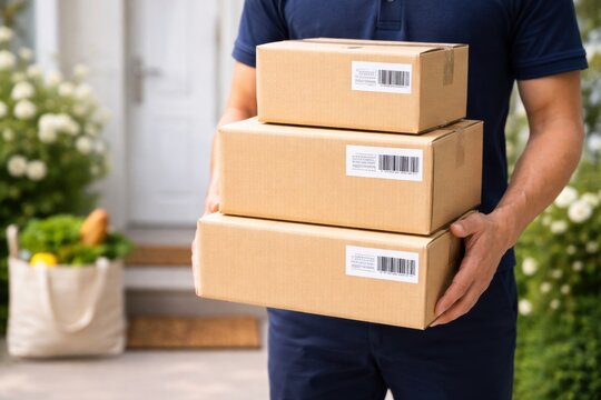 Courier holding a stack of cardboard parcels in front of a house. Delivery service concept with worker carrying packages and groceries at the doorstep.