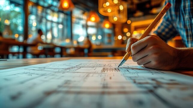 focused hand sketching architectural blueprints with a pencil on a wooden table in a warm softly lit cafe with hanging lights and blurred windows