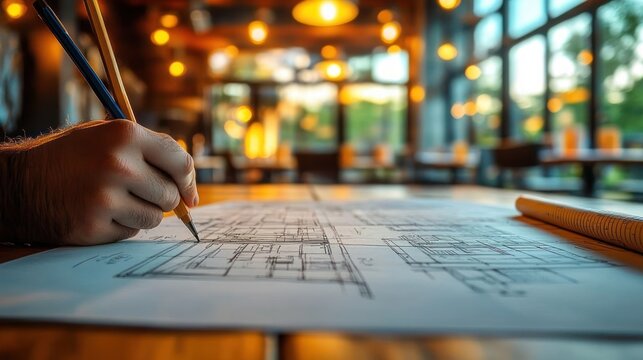 hand sketching architectural blueprint on wooden table in warm cozy studio with glowing lights and large windows, focused and creative atmosphere