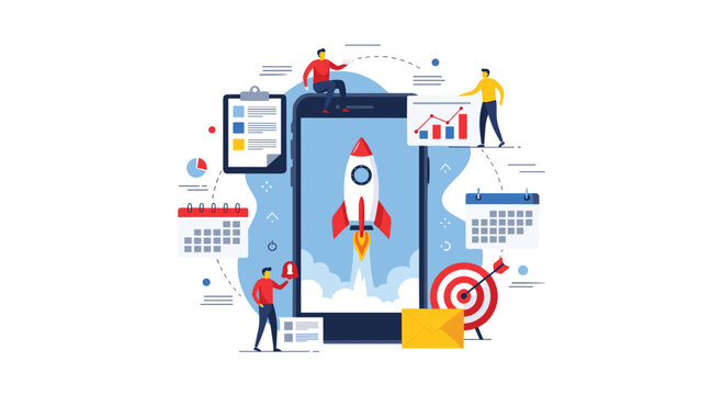 Startup business growth concept featuring a rocket launching from a smartphone screen surrounded by charts, calendars, and target symbols.