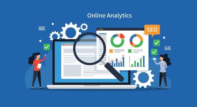 Online analytics and search engine optimization illustration with a laptop, charts, magnifying glass, and people monitoring website data.