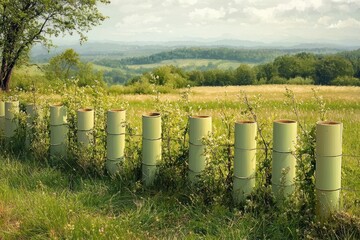 Obraz premium Row of pale green tree shelters along a wire fence in a flowering meadow with rolling hills and distant misty ridges, tranquil spring scene